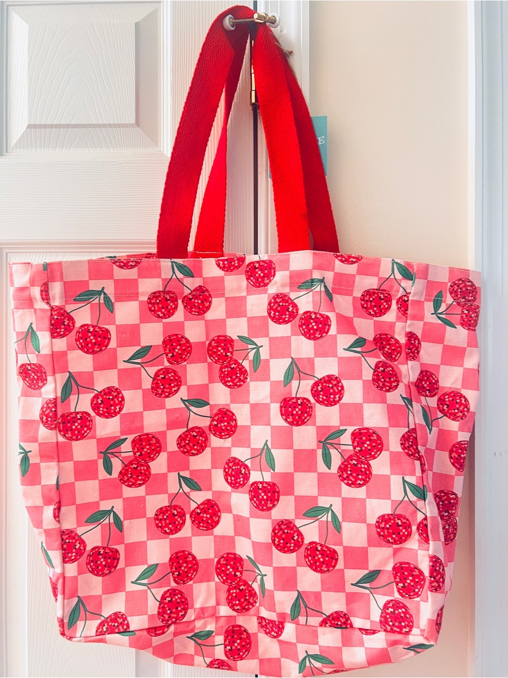 Red Cherry Checkered Canvas Tote Bag 21 x 19
